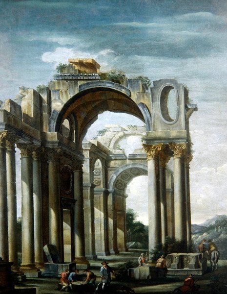 En Capriccio av klassiske ruiner med figurer (olje på lerret) av Giovanni Ghisolfi