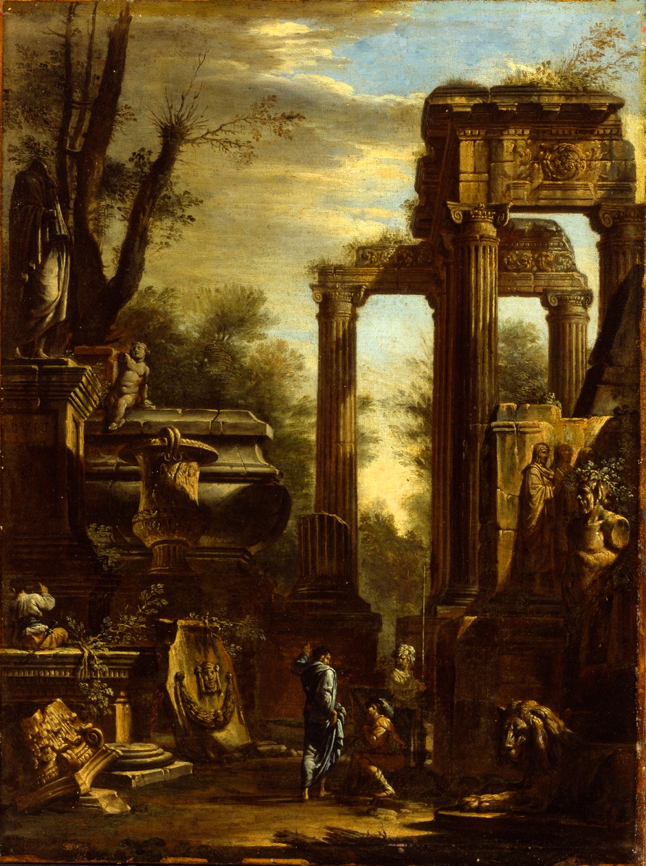 Capriccio av klassiske ruiner og statuer med figurer som snakker av Giovanni Ghisolfi