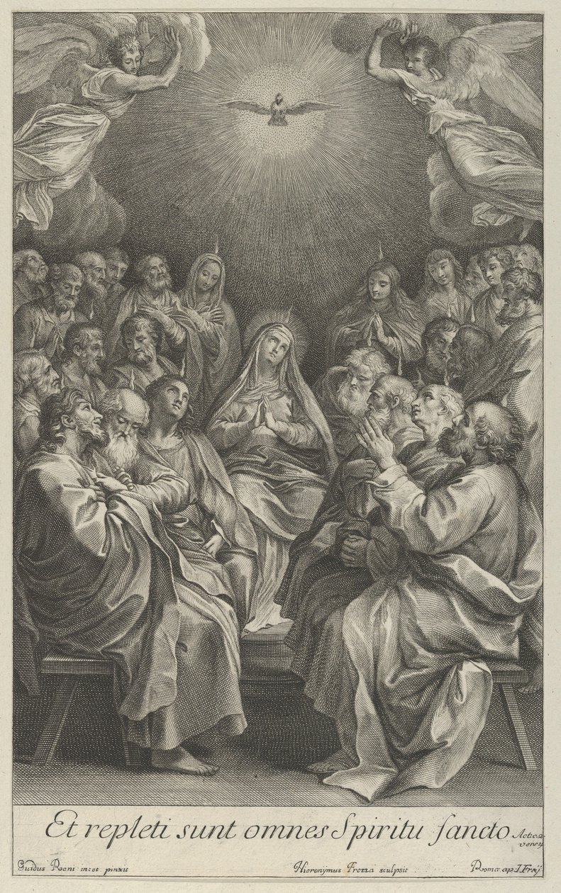 Jomfruen med apostler som ser opp mot den hellige due og to engler, etter Reni, 1700-50. av Giovanni Girolamo Frezza