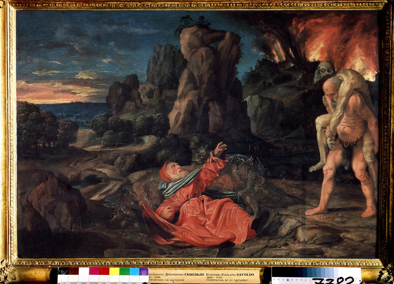 La tentation de Saint Antoine (The temptation of Saint Anthony). Peinture de Giovanni Girolamo Savoldo (1480 ou 1485-1548). Huile sur bois, 58 x 86 cm, vers 1530. Musee des beaux arts Pouchkine, Moscou.   1401333   no       norwegian Successfully Translate av Giovanni Girolamo Savoldo