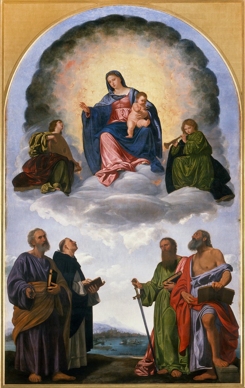 Madonna in Glory with the Christ Child, Two Angels Musicians, St. Peter, St. Dominic, St. Paul and St. Jerome (Pesaro altertavle) av Giovanni Girolamo Savoldo
