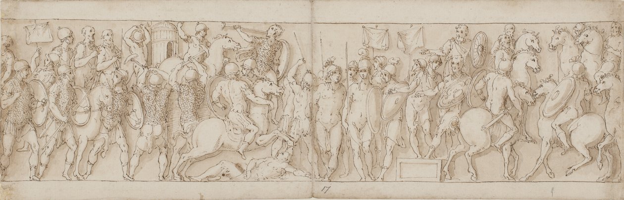 En sarmatisk landsby blir ødelagt under øynene til keiseren (XCVIII og begynnelsen av IC); barbarer ser på fra et stativ (CVI); Marcus Aurelius mottar en ridende tysk budbringer til hest (CVII) av Giovanni Guerra