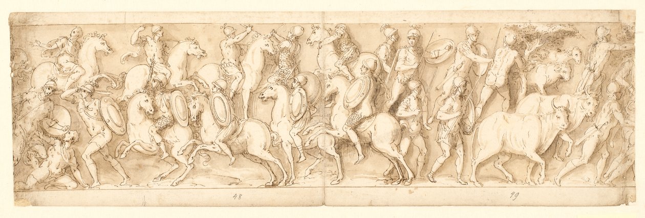 Angrep på tyskerne (LXIII); høvdingene deres blir tatt til fange (delvis restaurert på kolonnen; LXIV) av Giovanni Guerra