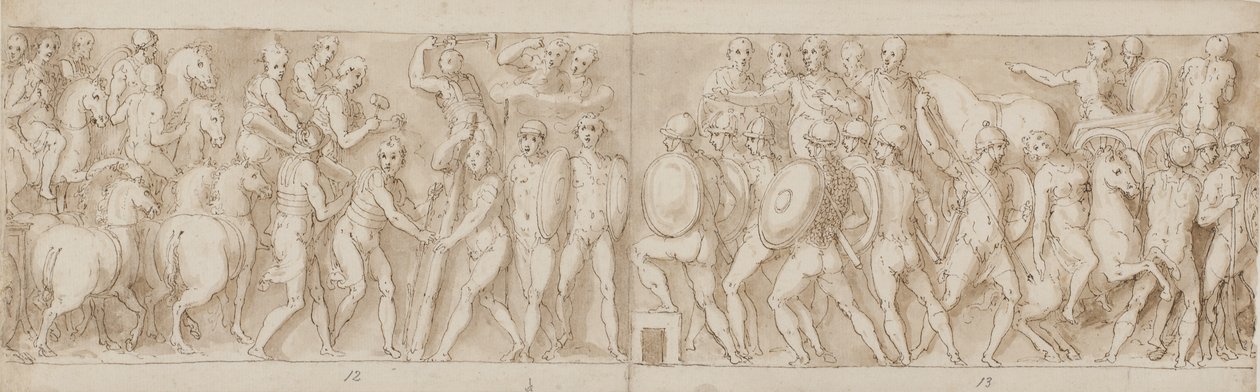 Slutt på en marsj av keiseren med hans legionærer og vakter (slutten av XCIII); romerne bygger en leir (begynnelsen av XCIV); romerne på marsj med keiseren (XXXV / XXXVI) av Giovanni Guerra