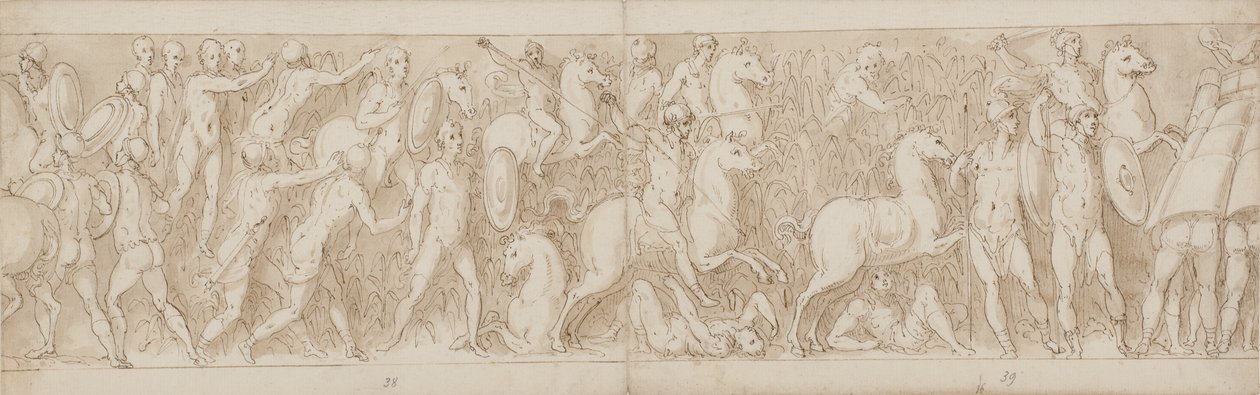 Slutt på en restaurert del av kolonnen (XLVII); sarmaterne blir forfulgt inn i sumpen (XLVIII); romerne angriper en tysk (?) festning (begynnelsen av LIV) av Giovanni Guerra