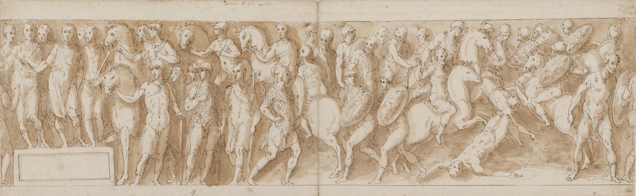 Marcus Aurelius mottar en rapport om fangst av kvinnene (LXXXVI); Marcus Aurelius ankommer fra en marsj (LXXXVII); en tysk høvding blir tatt bort (LXXXVIII); høvdingens siste menn faller (fra en bro som Guerra ikke har gjengitt) (LXXXIX) av Giovanni Guerra