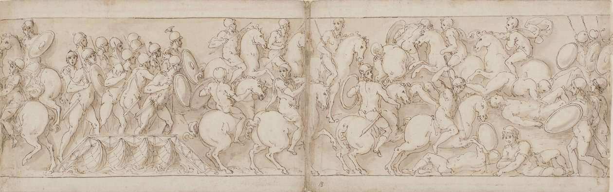 Marcus Aurelius legger ut over en brygge med infanteri og kavaleri (CVIII); Sarmaterne blir slått tilbake av fremrykkende romere (CIX) av Giovanni Guerra