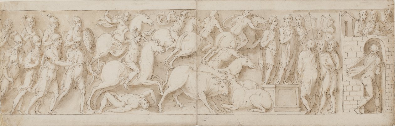 romerske bueskyttere(?), romersk overfall (XCIX); Marcus Aurelius henvender seg til vaktene sine (C); Marcus Aurelius mottar en advarsel (CI) av Giovanni Guerra
