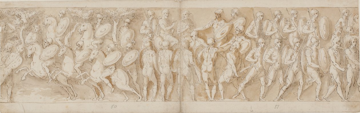 romersk kavaleri (LXV); et avkuttet hode (tolket som en fange av Guerra) og en tysk fange bringes inn for keiseren (LXVI); Romerne rykker frem (LXVII) av Giovanni Guerra