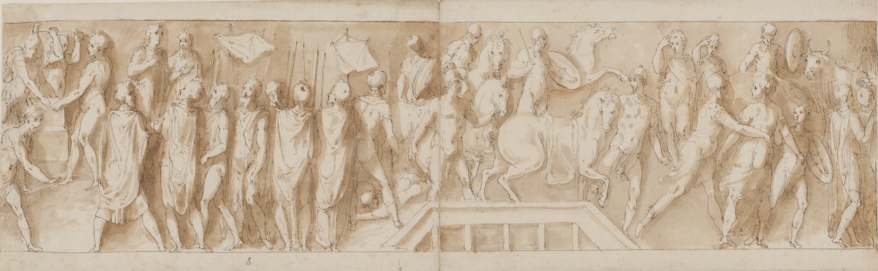 Romerske soldater bygger en leir (slutten av LXXXII); en adresse (LXXXIII); Romerne krysser en elv på en pongtongbro (LXXXIV); kvinner blir tatt til fange (begynnelsen av LXXXV) av Giovanni Guerra