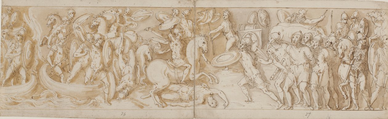 Romerske soldater krysser en elv i båter (stort sett restaurering; XXXIV)2; en kjempende romersk soldat (fra slutten av XXIV); Romerske vakter som bringer barbariske fanger for keiseren (utelatt på tegningen; slutten av XXV); begynnelsen av en marsj (begyn av Giovanni Guerra
