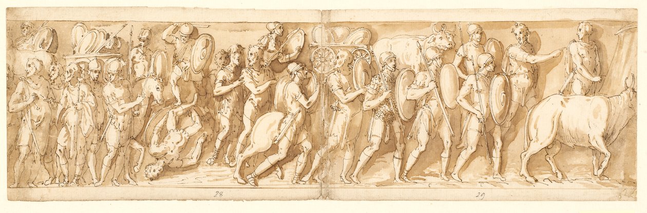 Romerne på marsj (XXXVI); Marcus Aurelius, Pompeius og en ledsager ser på marsjen (XXXVII); stopp på marsjen (XXXVIII) av Giovanni Guerra