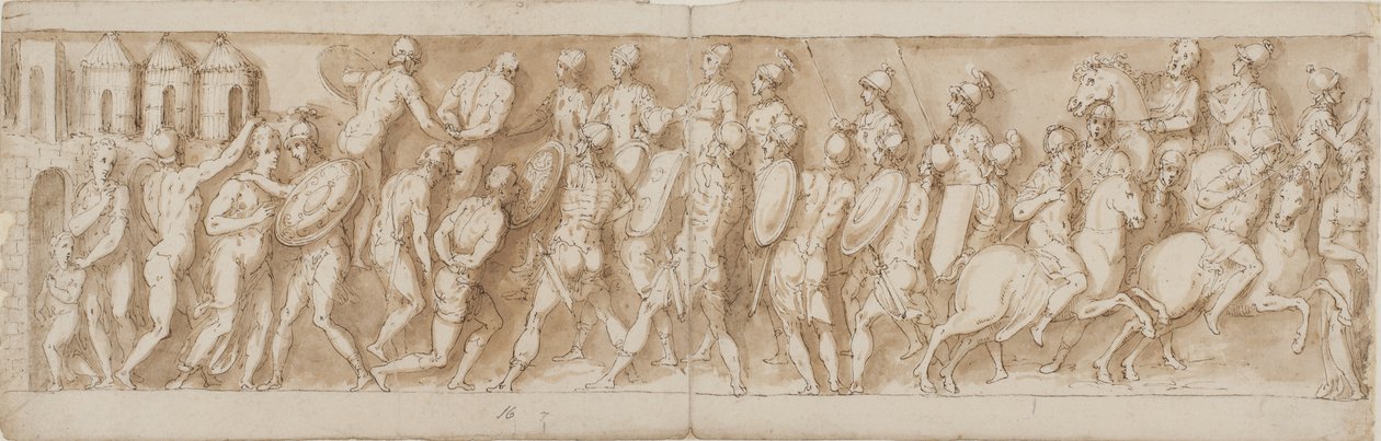 Sarmatiske ledere blir tatt til fange og husene deres satt i brann av romerne (CII); ankomsten av legionærer og keiseren (utelatt av Guerra) (CIII) av Giovanni Guerra