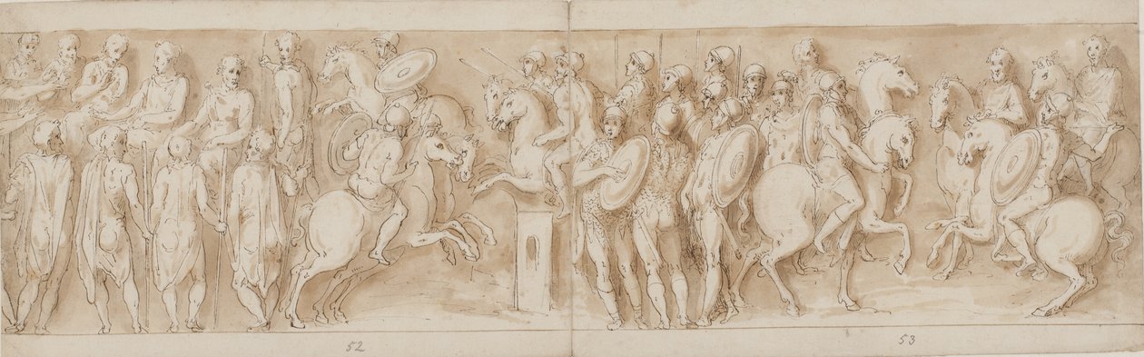 Sarmatians før det keiserlige rådet (slutten av LXII, begynnelsen av LXIII); omgitt av vakter ser Marcus Aurelius og Pompeius på hesteryggen på en trefning (XC); Tyske adelsmenn bringer en melding (opp til midten av XCI) av Giovanni Guerra