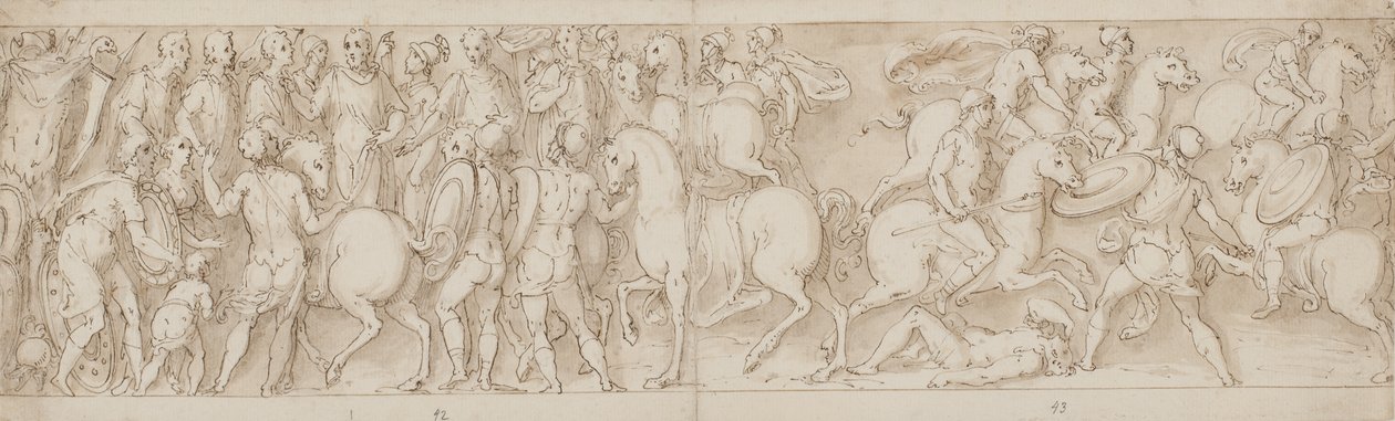 Sarmaterne underkaster seg keiseren (LVI); romerne angriper barbarer (LII) av Giovanni Guerra