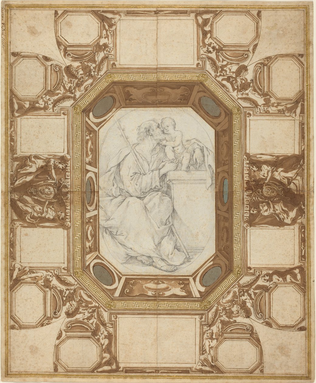 Tak med allegoriske figurer og våpen til pave Sixtus V (Guerras ytre tegning); Saint Joseph and the Christ Child (Vianis sentrale tegning) av Giovanni Guerra and Domenico Maria Viani