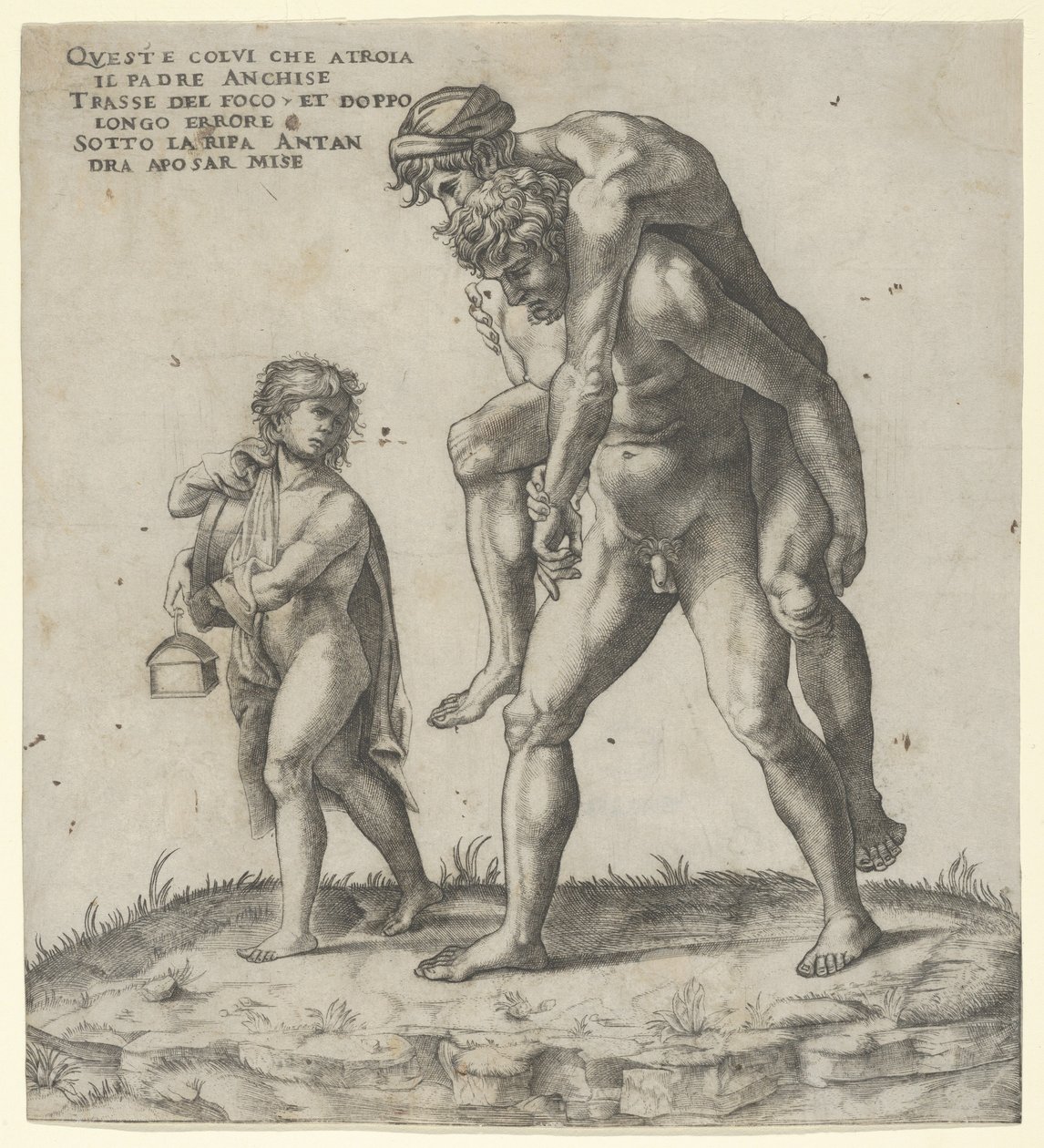 Aeneas redder Anchises, en ung gutt som bærer en lykt til venstre, ca. 1525., ca. 1525. av Giovanni Jacopo Caraglio