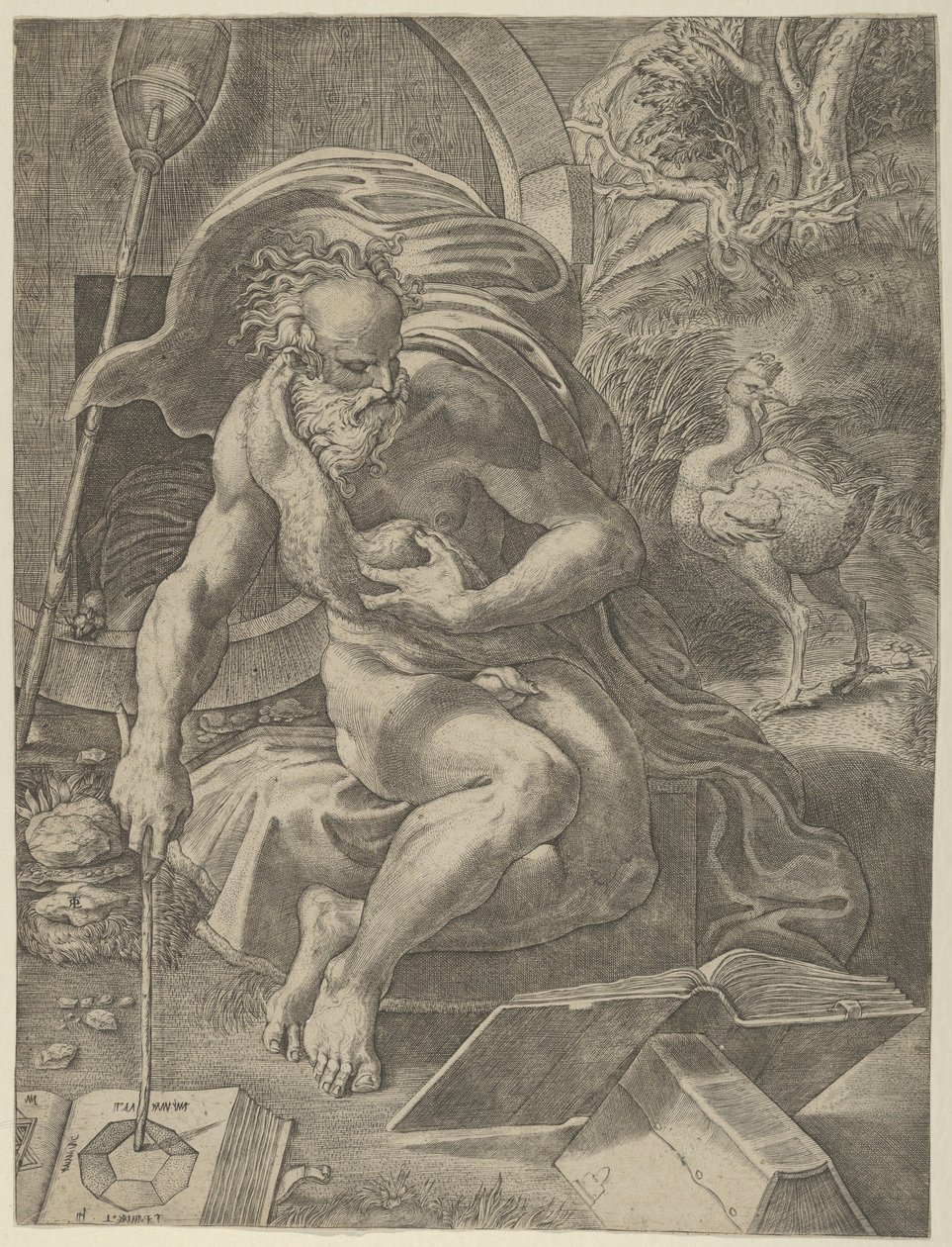 Diogenes satt med tønnen bak seg og leste en bok mens han holdt en stikk..., ca. 1526-27. av Giovanni Jacopo Caraglio
