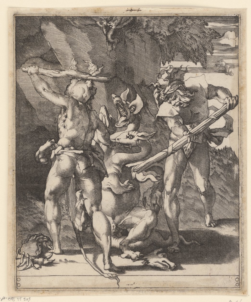 Hercules kjemper mot hydraen til Lerna Scener med Hercules (serietittel) av Giovanni Jacopo Caraglio