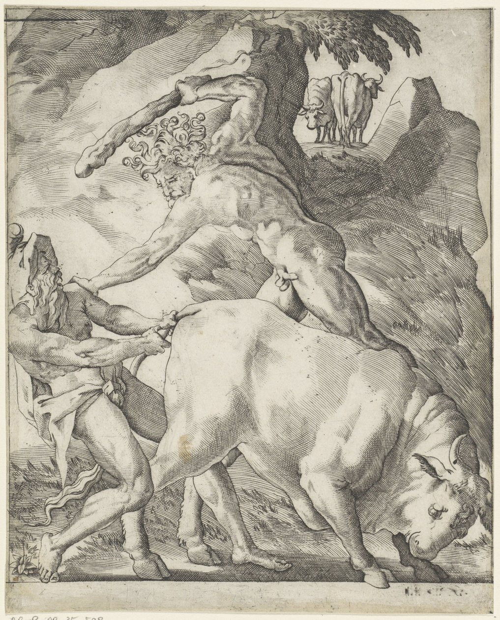 Hercules kjemper med Cacus Scener med Hercules (serietittel) av Giovanni Jacopo Caraglio