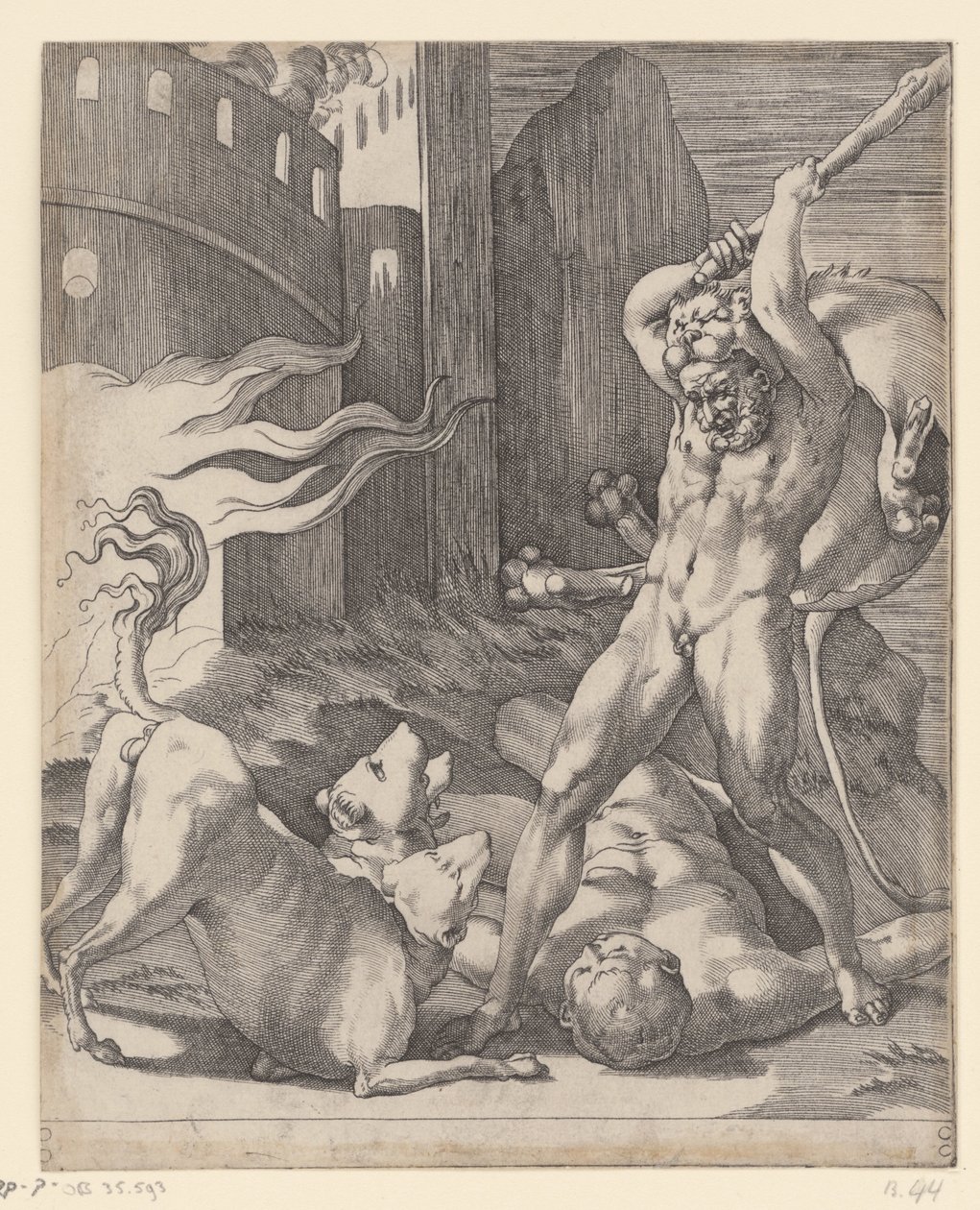 Herkules kjemper mot Cerberus Scener med Hercules (serietittel) av Giovanni Jacopo Caraglio