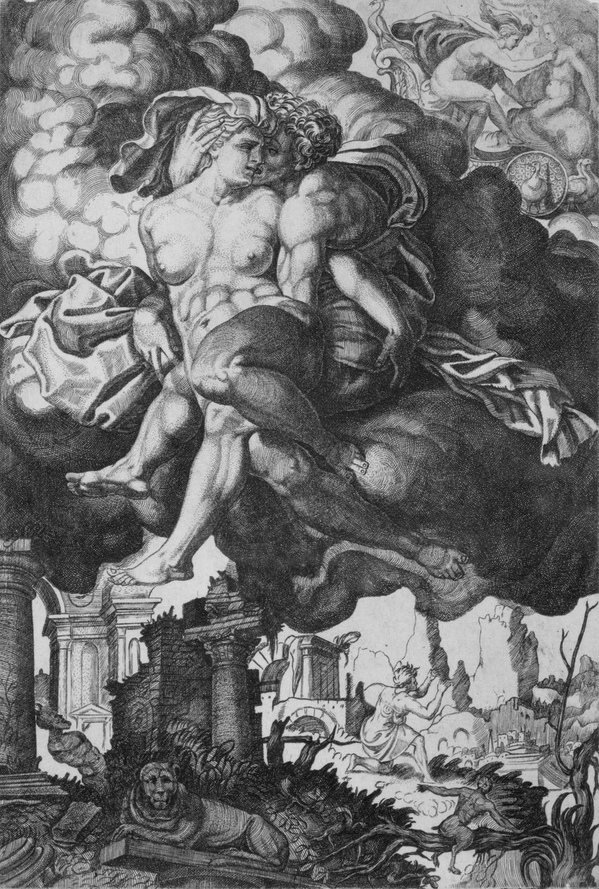 Ixion prøver å forføre Juno, omgitt av skyer med ruiner under, ca. 1520-39. av Giovanni Jacopo Caraglio