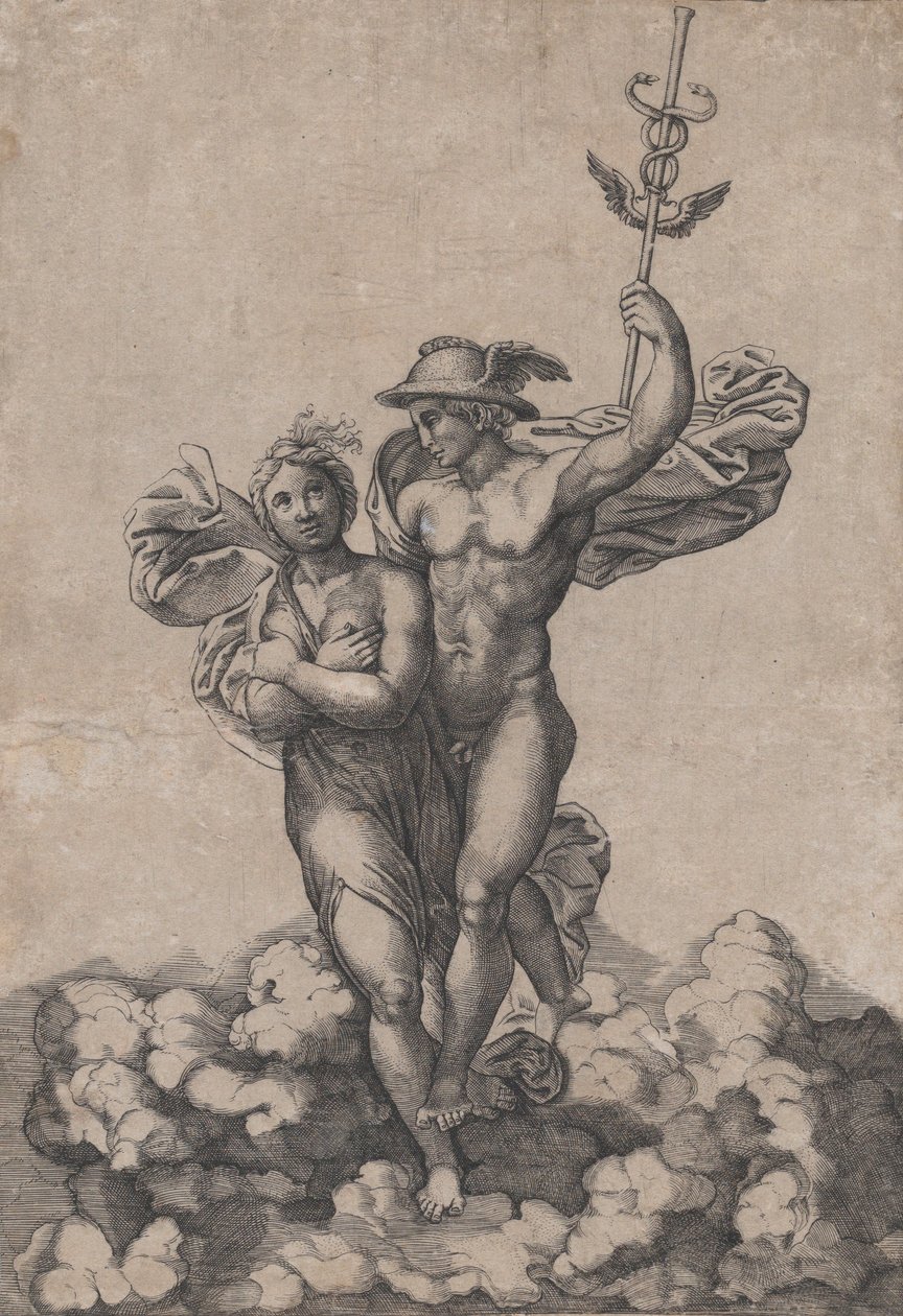 Mercury bærer Psyche til Olympus, etter Raphaels komposisjon i Villa Farnes..., ca. 1520-39. av Giovanni Jacopo Caraglio