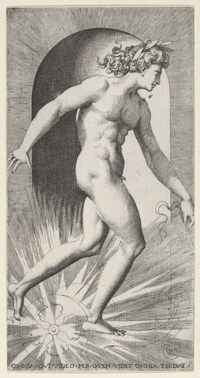 Plate 11: Apollo kjører vognen sin i en nisje, vendt mot høyre, fra en serie mythologica..., 1526. av Giovanni Jacopo Caraglio