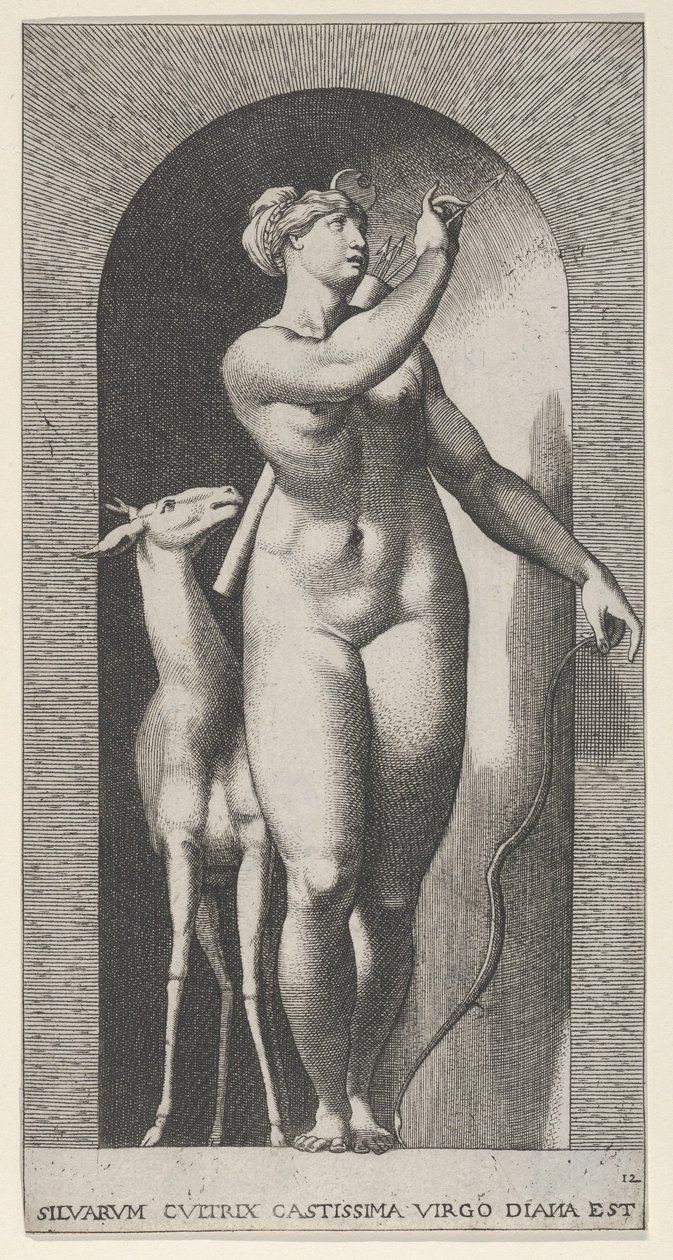 Plate 12: Diana står i en nisje, vrir seg til venstre og trekker en pil ut av en qu..., 1526. av Giovanni Jacopo Caraglio