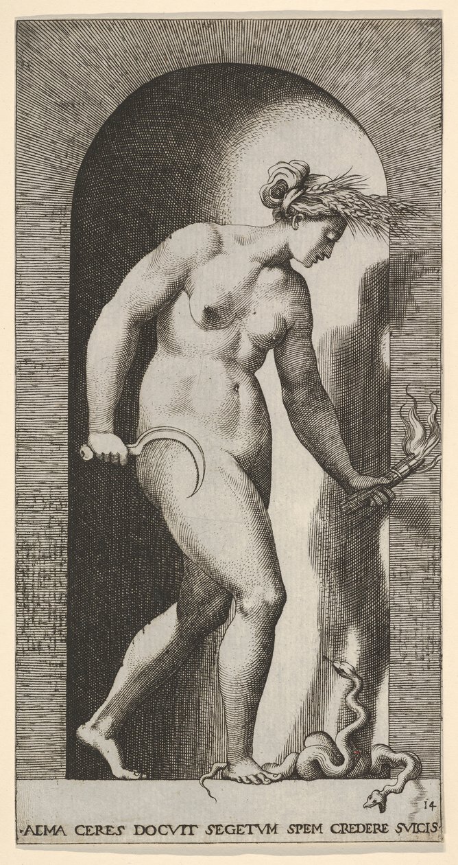 Plate 14: Ceres in a niche, facing right, standing over a two-headed snake and holding a h..., 1526.    1168989   no       norwegian Successfully Translated  Original: The Fall and Redemption of Man: The Last Judgment Translat: The Fall and Redemption of M av Giovanni Jacopo Caraglio