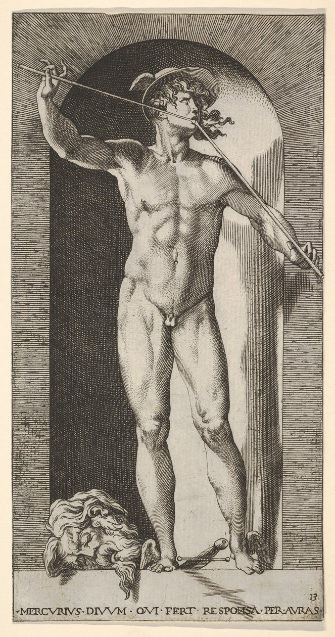 Plate 14: Mercury står i en nisje og spiller sine piper, med det avkuttede hodet til en gammel m..., 1526. av Giovanni Jacopo Caraglio