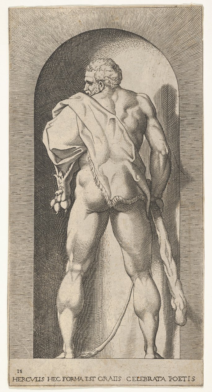 Plate 15: Hercules står i en nisje, iført løveskinn og holder en kølle, sett fra..., 1526. av Giovanni Jacopo Caraglio