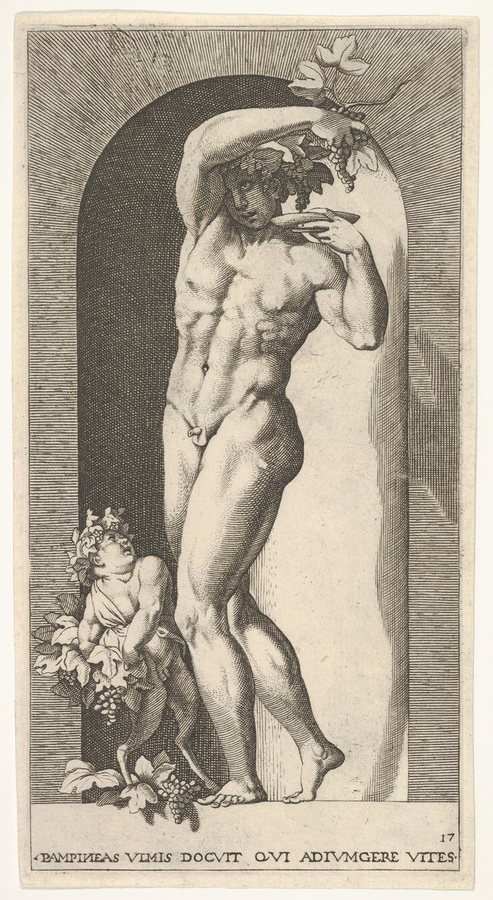 Tallerken 17: Bacchus står i en nisje og holder druer over en tallerken, ledsaget av en infa..., 1526. av Giovanni Jacopo Caraglio