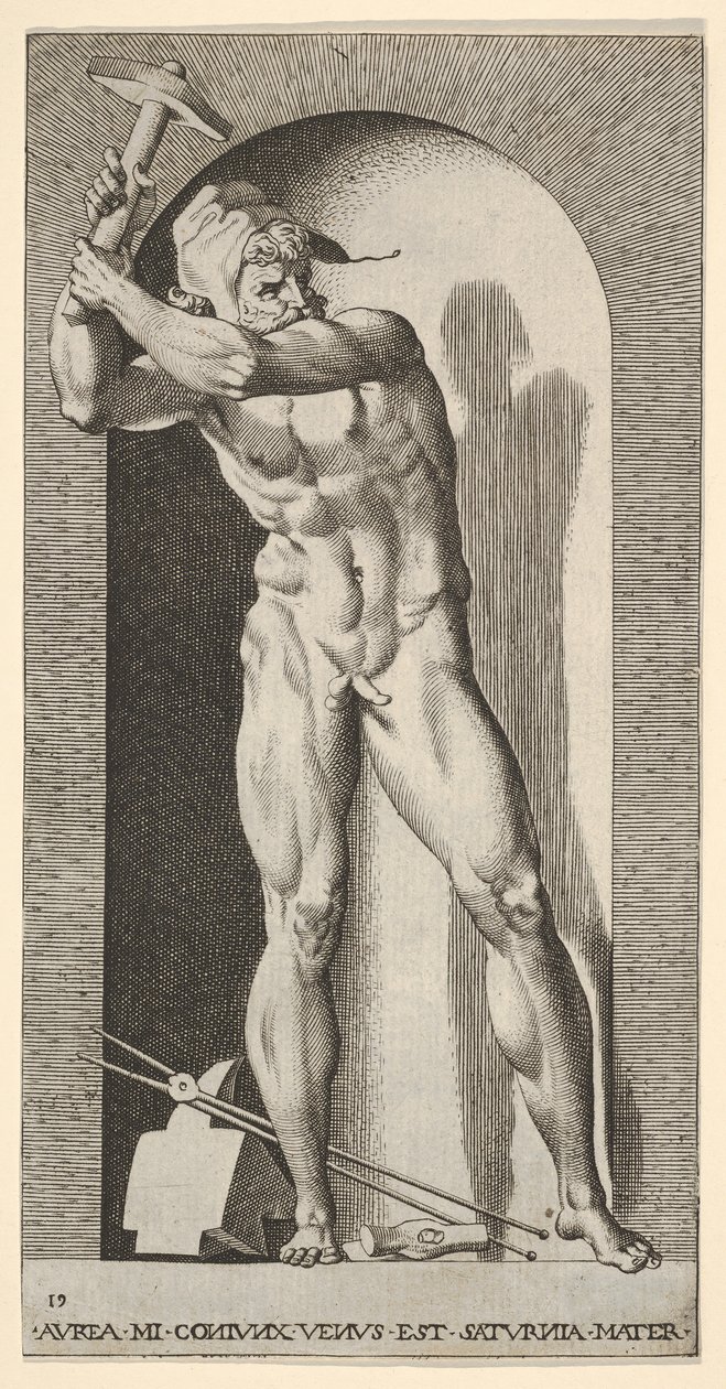 Plate 19: Vulcan står i en nisje og svinger en hammer, med en ambolt, hammer og tang a..., 1526. av Giovanni Jacopo Caraglio
