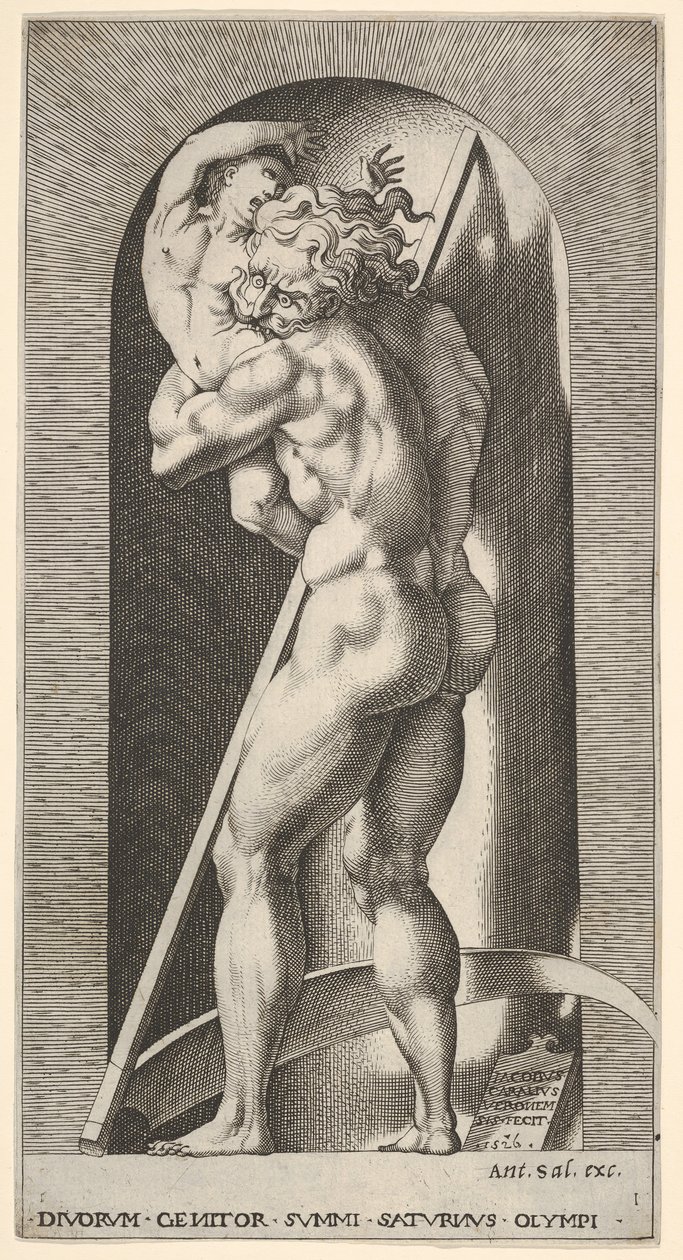Plate 1: Saturn i en nisje som sluker sønnen sin, stående foran en ljå, fra en serie av m..., 1526. av Giovanni Jacopo Caraglio