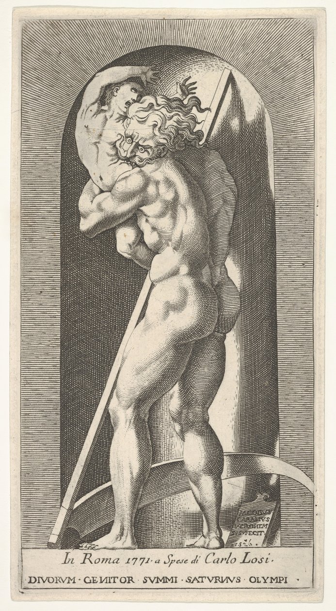 Plate 1: Saturn i en nisje som sluker sønnen sin, stående foran en ljå, fra en serie av m..., 1526. av Giovanni Jacopo Caraglio