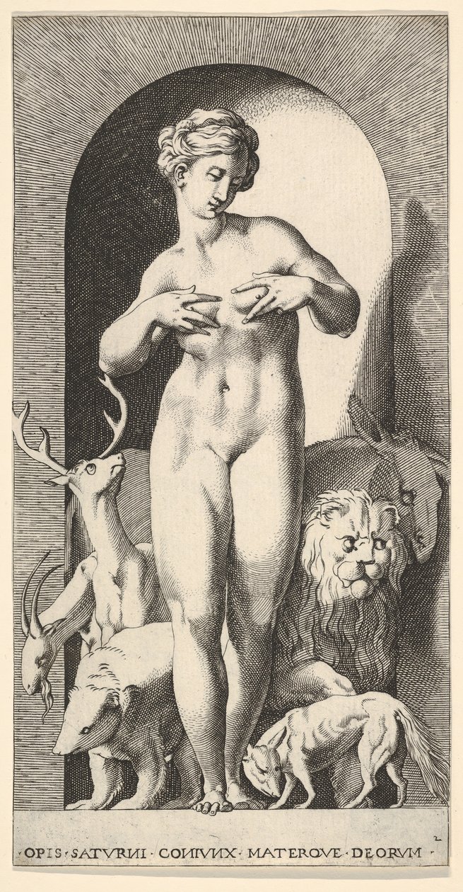 Plate 2: Ops står i en nisje med hendene mot brystene, ser til venstre, med ..., 1526. av Giovanni Jacopo Caraglio