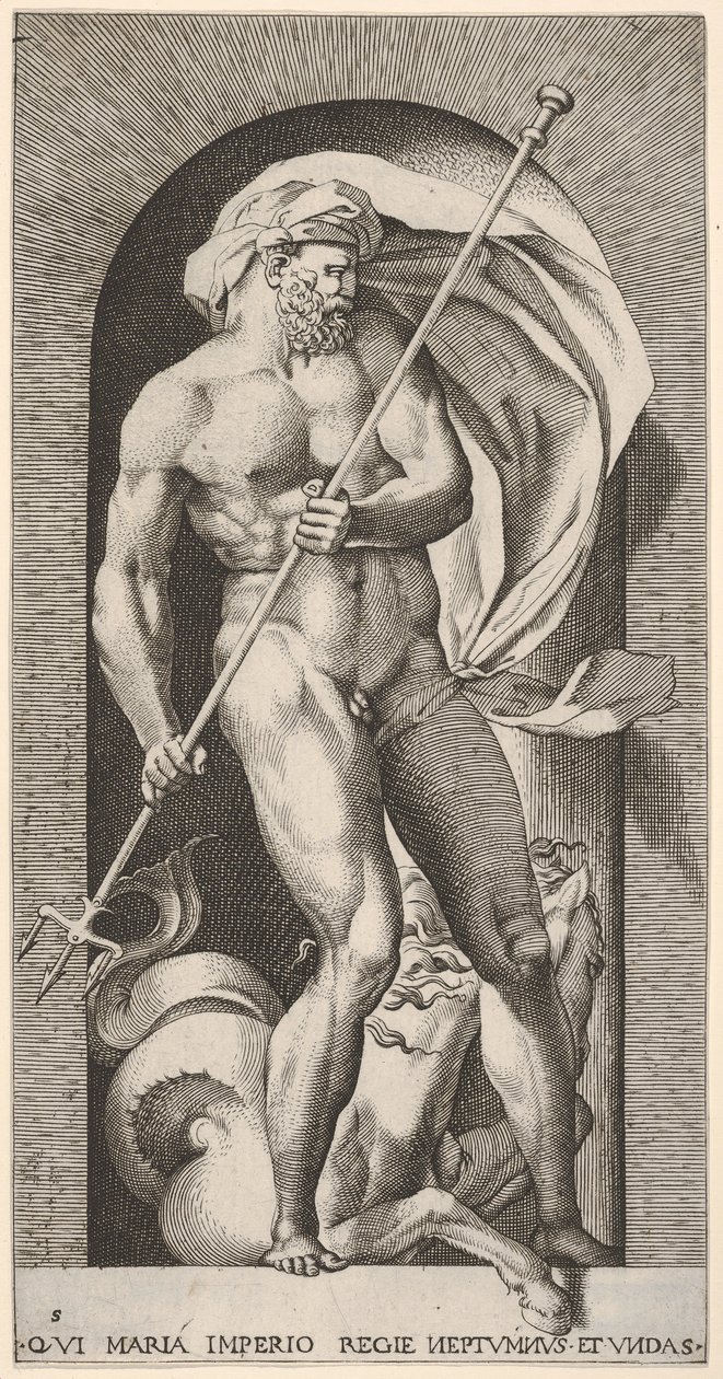 Plate 5: Neptun står i en nisje og holder en trefork, med en hippocampus sjøhest beh..., 1526. av Giovanni Jacopo Caraglio