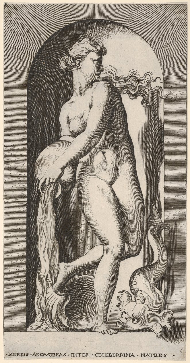Plate 6: Thetis står i en nisje med et skjell og sjødyr, og heller vann ut av en ..., 1526. av Giovanni Jacopo Caraglio