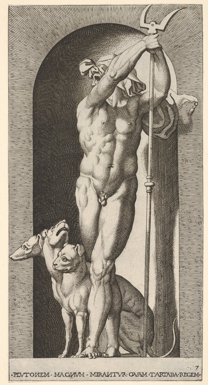 Plate 7: Pluto i en nisje, holder en bident, med Cerberus ved siden av seg, fra en serie av m..., 1526. av Giovanni Jacopo Caraglio