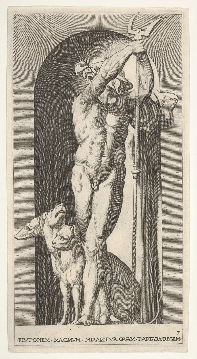 Plate 7: Pluto i en nisje, holder en bident, med Cerberus ved siden av seg, fra en serie av m..., 1526. av Giovanni Jacopo Caraglio