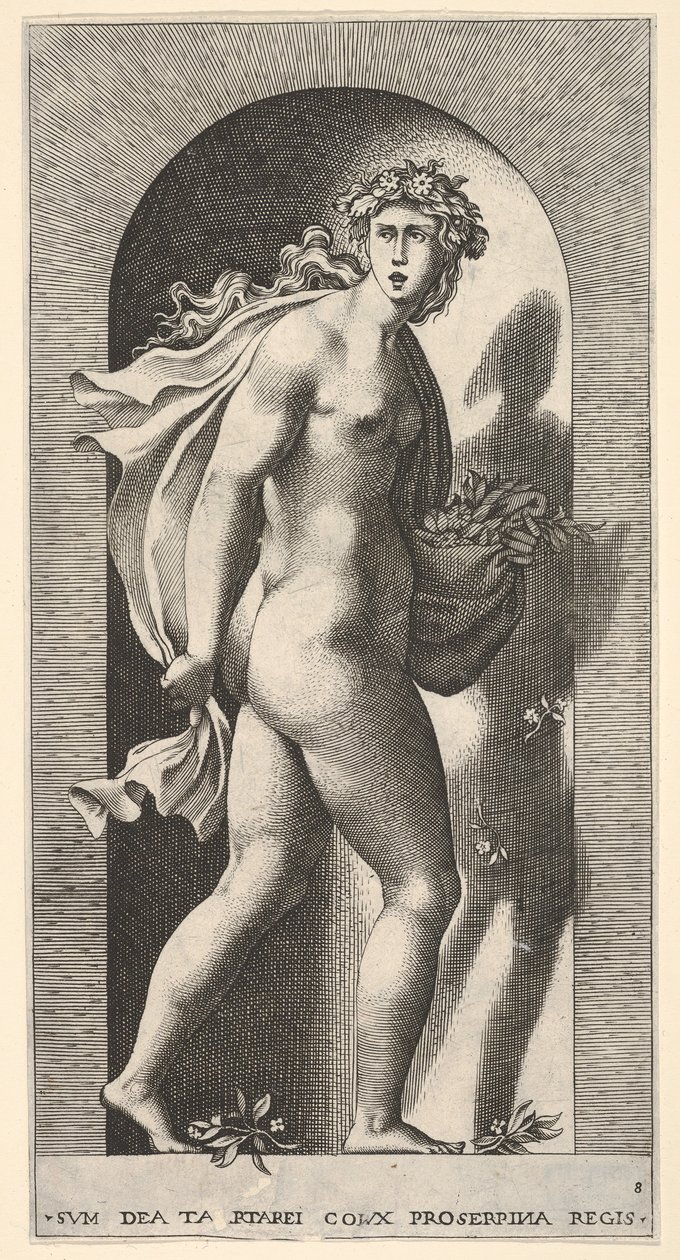 Plate 8: Prosperpina, stående i en nisje, snur seg til høyre mens han holder mantelen i bo..., 1526. av Giovanni Jacopo Caraglio