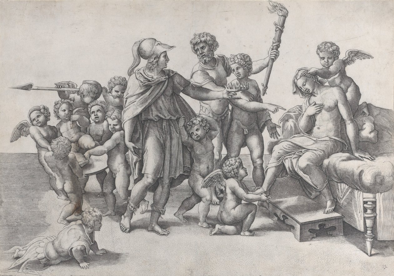 Ekteskapet til Alexander og Roxana, Alexander omgitt av putti, tilbyr en krone t..., 1520-39. av Giovanni Jacopo Caraglio
