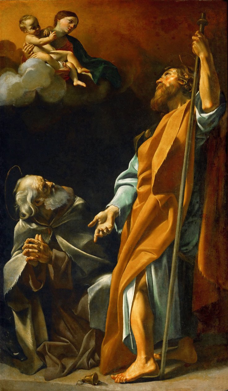 Barokk: Jomfru Maria viser seg for Saint Jacques og Saint Antoine abbe - Jomfru Maria vises for Saints James og Anthony Abbas av Lanfranco, Giovanni (1582-1647), ca. 1622. Olje på lerret, 220x127,5. Kunsthistorisk museum, Wien av Giovanni Lanfranco