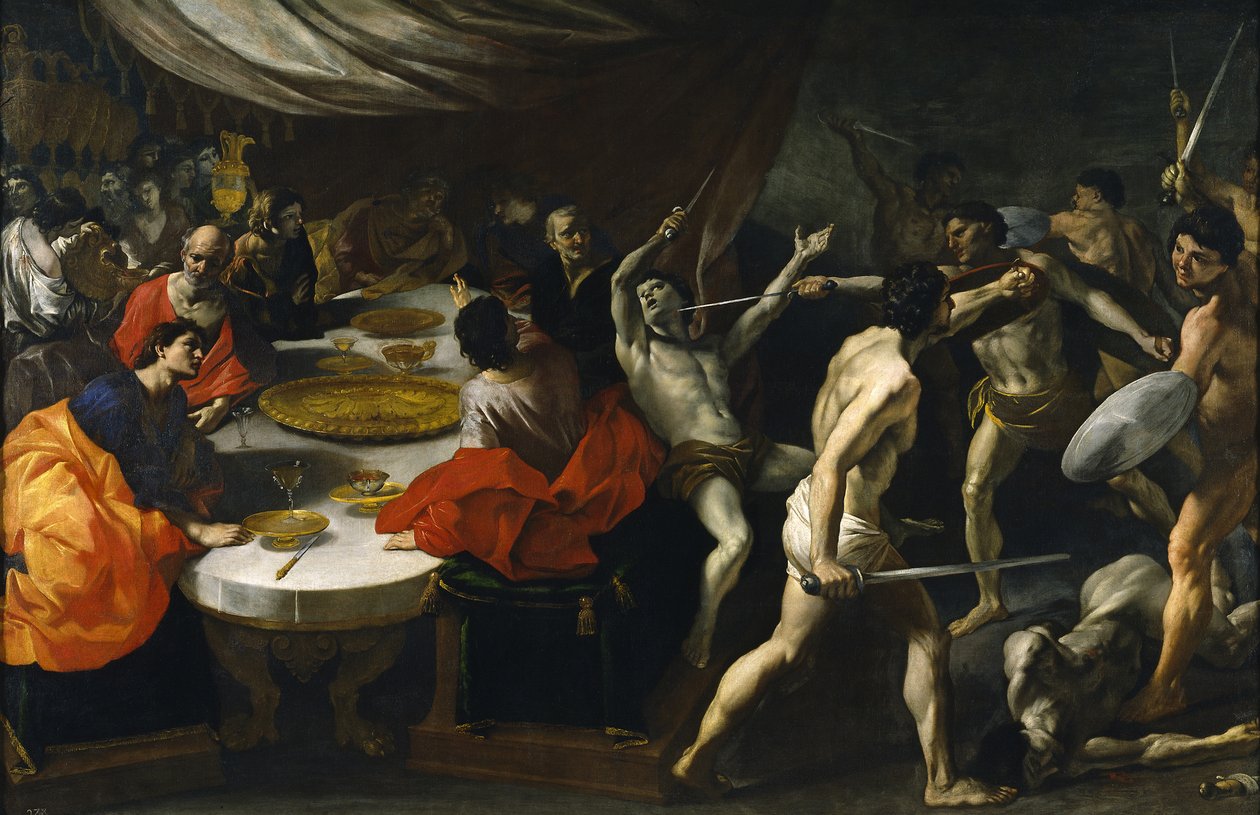 Gladiator slåss på en bankett av Giovanni Lanfranco