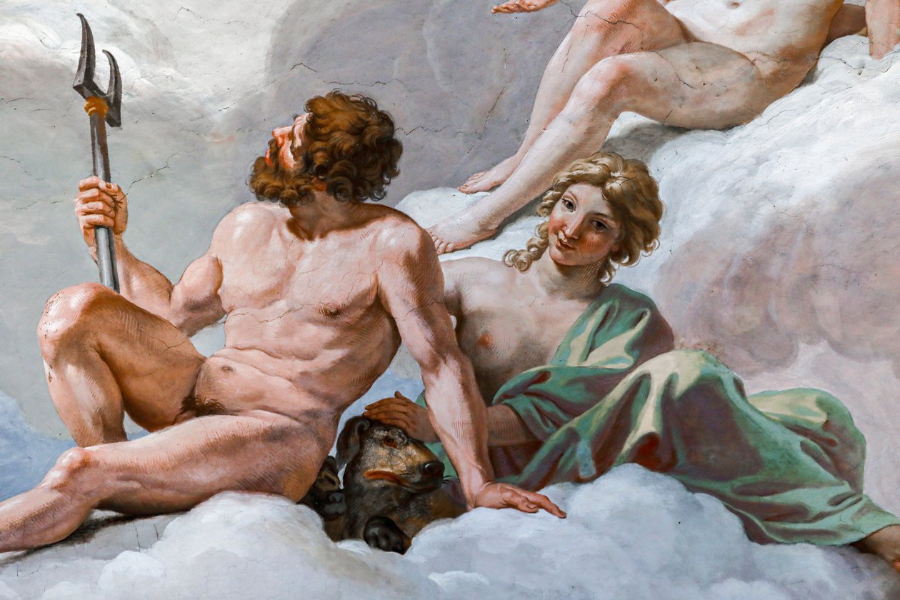 Pluto, guden for underverdenen, og hans kone, Prosperine. Detalj av "The Council of the Gods" 1624-1625. freske av Giovanni Lanfranco