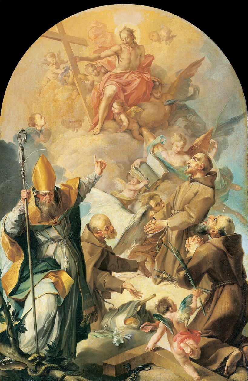 Tre kapusinerhelgener og en biskop som tilber Kristus og korset av Giovanni Lanfranco