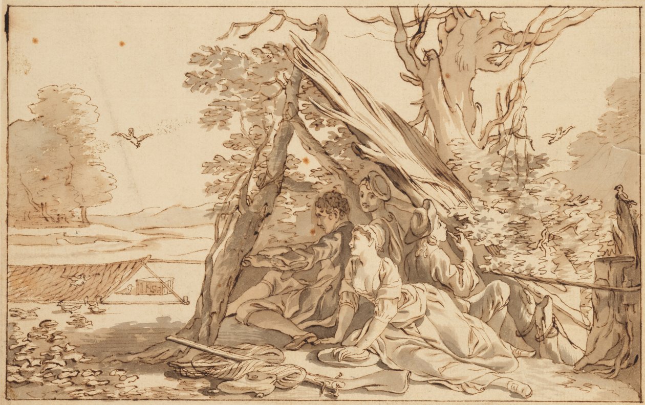 Tre unge menn og en kvinne under et krisesenter av Giovanni Lanfranco
