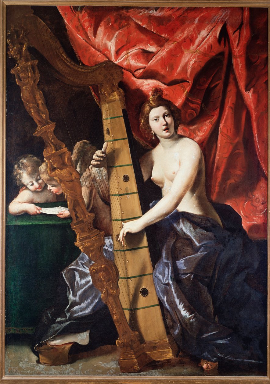 Kvinnemusikk som spiller harpe (Allegory of Music). (Maleri av Giovanni Lanfranco