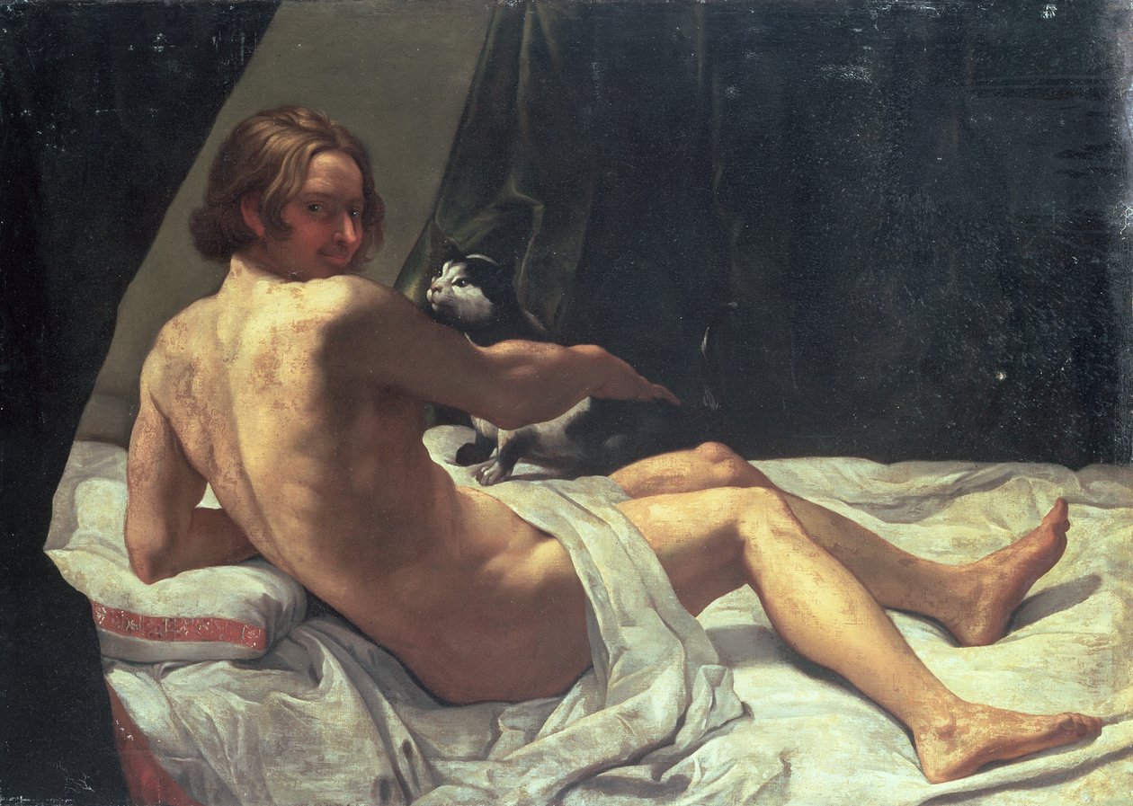 Ung mann som ligger på en seng med en katt, 1620 av Giovanni Lanfranco